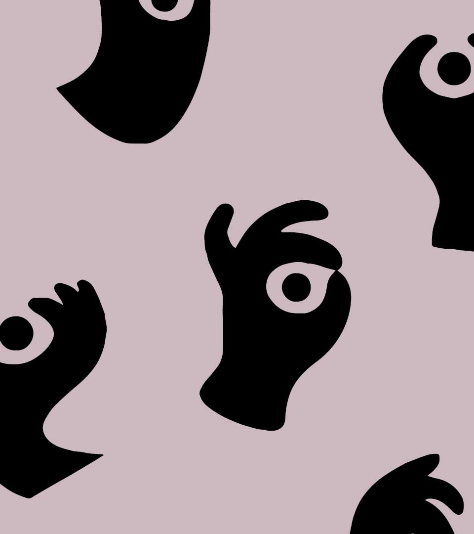 Sample design: Playful black hand illustrations on a muted pink background