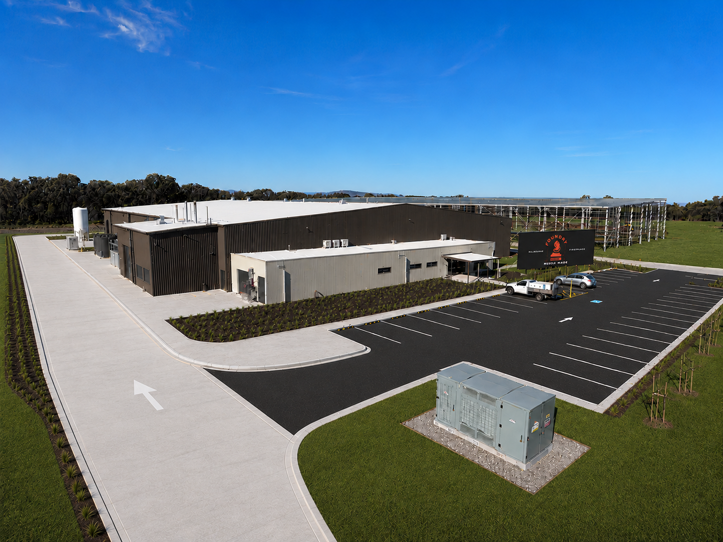 Exterior of Founder Made’s Ettamogah facility, with landscaping and the Founder Made sign